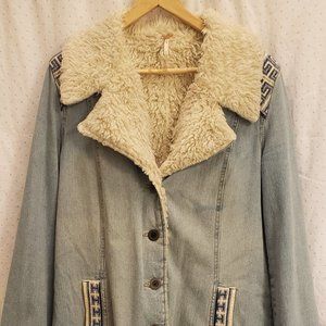 Free People Size Small Embroidered Denim and Fur Lined Jacket